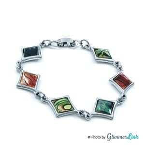 Silver Tone Inlay Multi Color Shell Link Bracelet